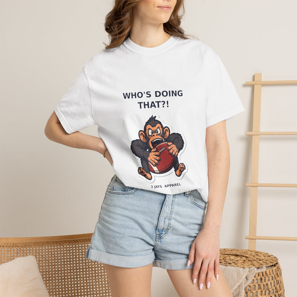 Who's Doing That?! — Funny Monkey Football Tee