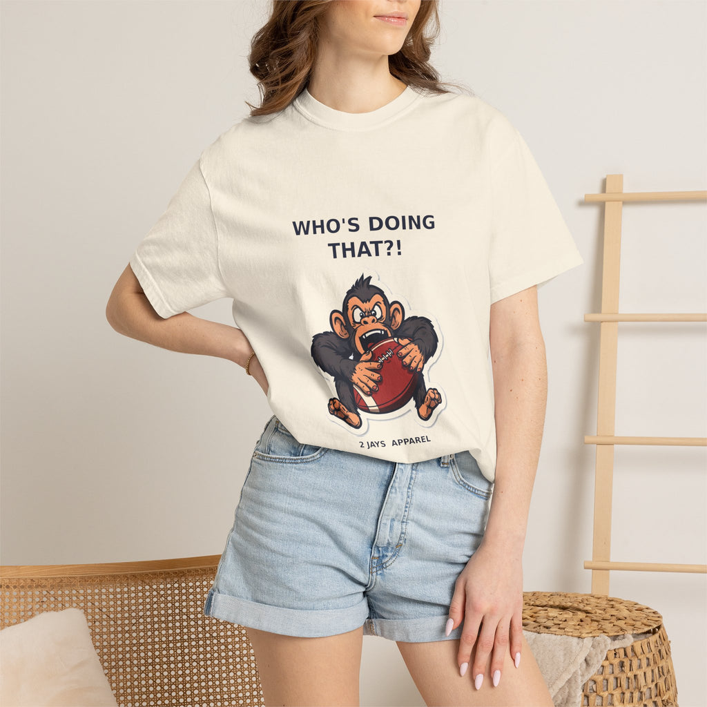 Who's Doing That?! — Funny Monkey Football Tee