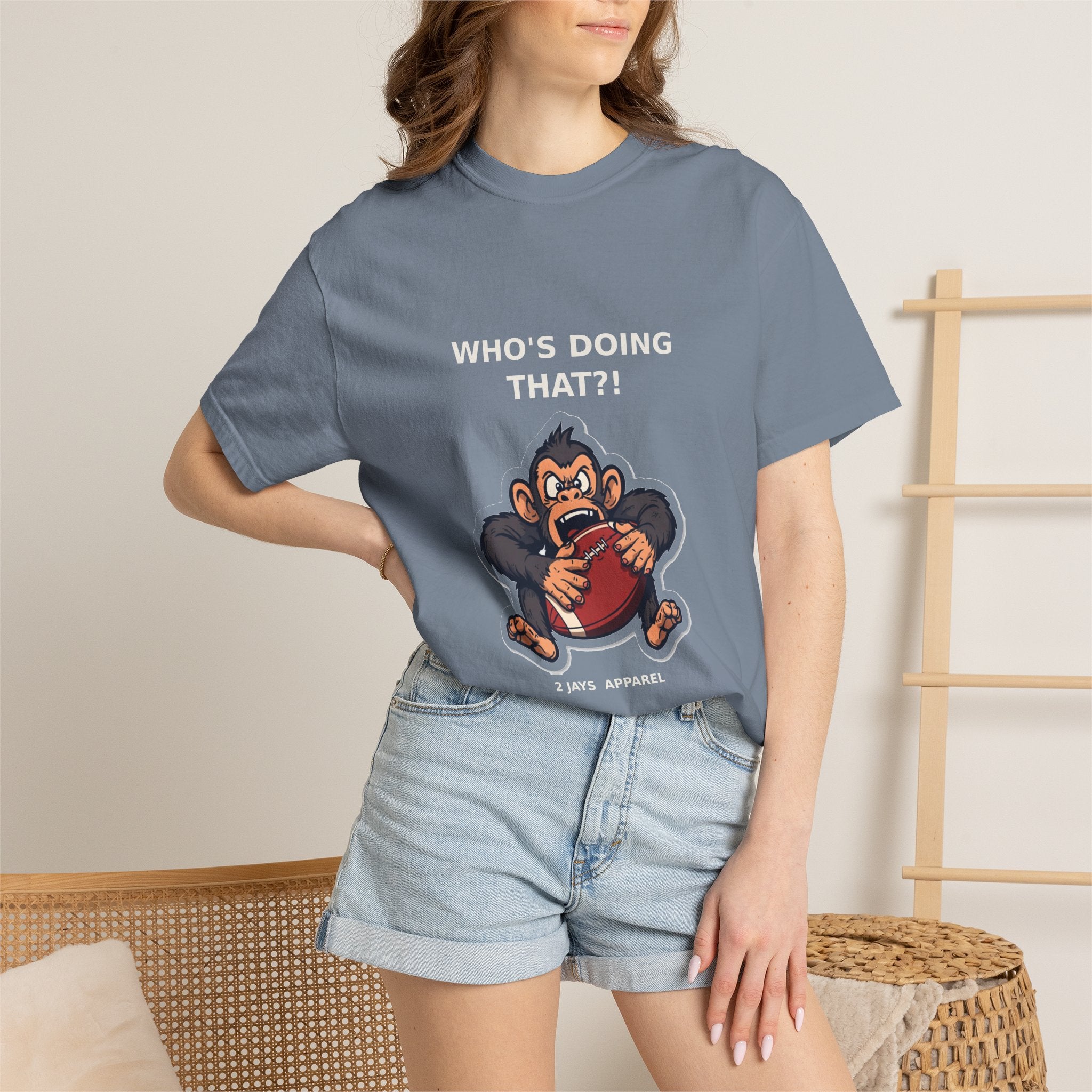 Who's Doing That?! — Funny Monkey Football Tee