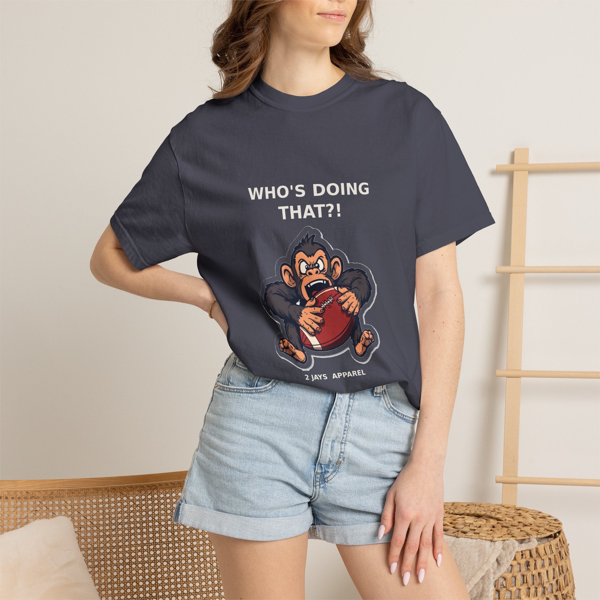 Who's Doing That?! — Funny Monkey Football Tee